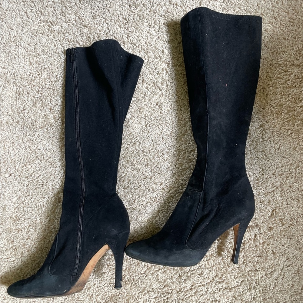 Black suede knee high heeled boots, size 6.5